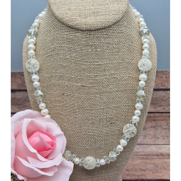 Cute White Seed Pearl & Beaded Single Strand Necklace Toggle Clasp Classic 21" - Picture 2 of 8